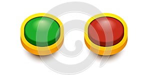 Round red and green 3d buttons. Button with golden frame. Vector cartoon clipart isolated on white background.